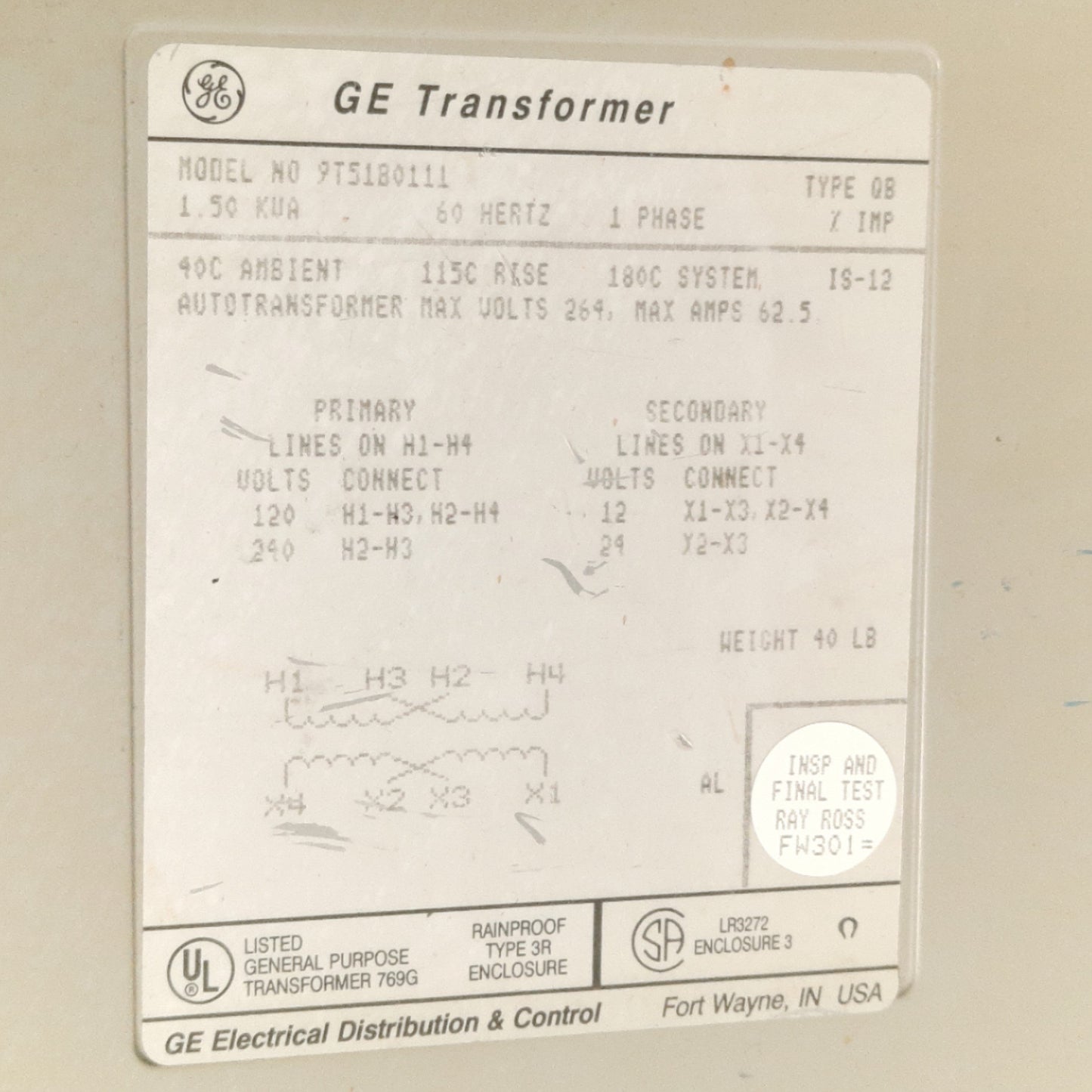 Used GE 9T51B0111 Enclosed Buck Boost Transformer 120/240V Pri 12/24V Sec 60Hz 1.5KVA