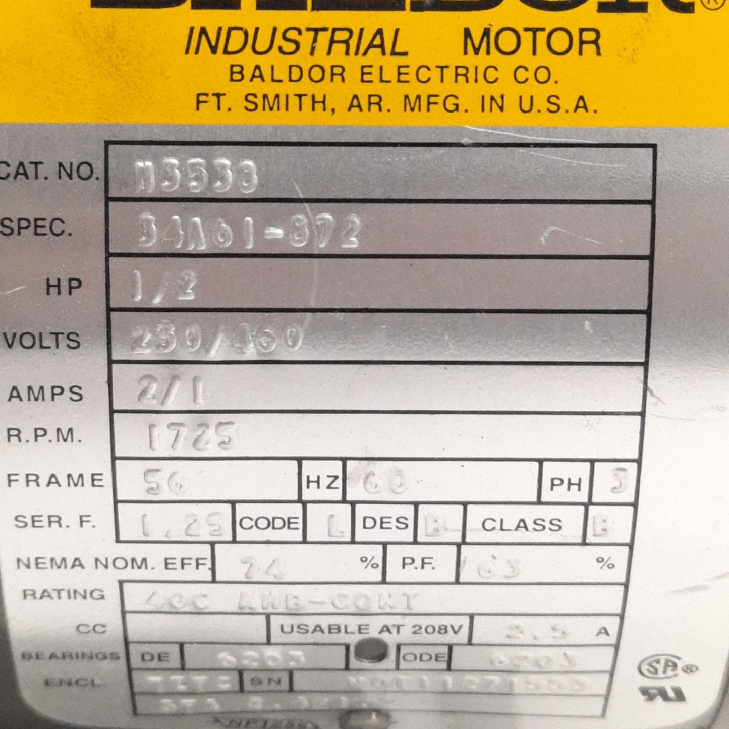 Used Baldor M3538 Electric Motor 3-Ph, 230/460V AC, 1720RPM, 1/2HP, 56 Frame