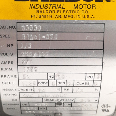 Used Baldor M3538 Electric Motor 3-Ph, 230/460V AC, 1720RPM, 1/2HP, 56 Frame