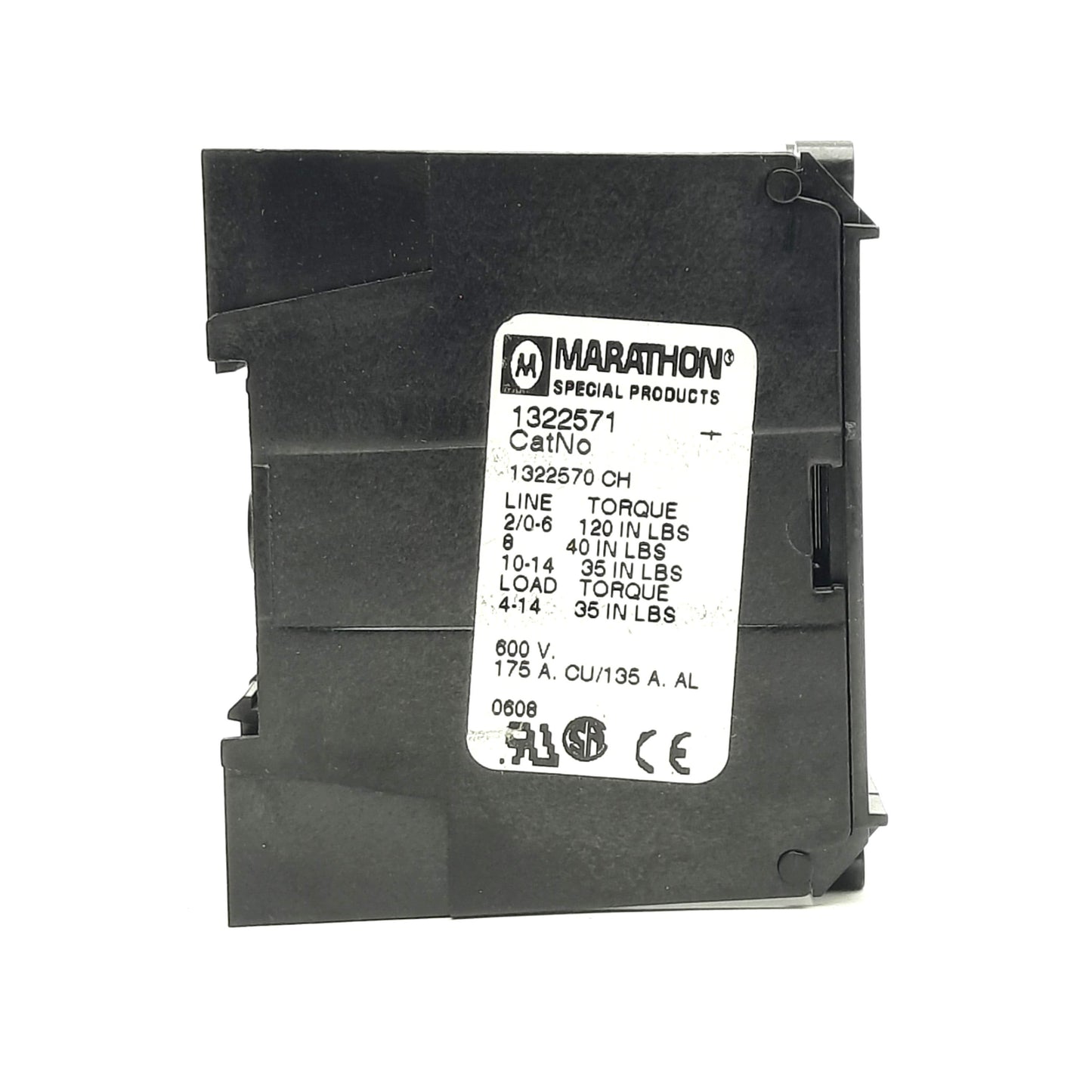 Used Marathon 1322571 Power Distribution Block, 600VAC/DC 175A, 2-Pole, DIN Rail