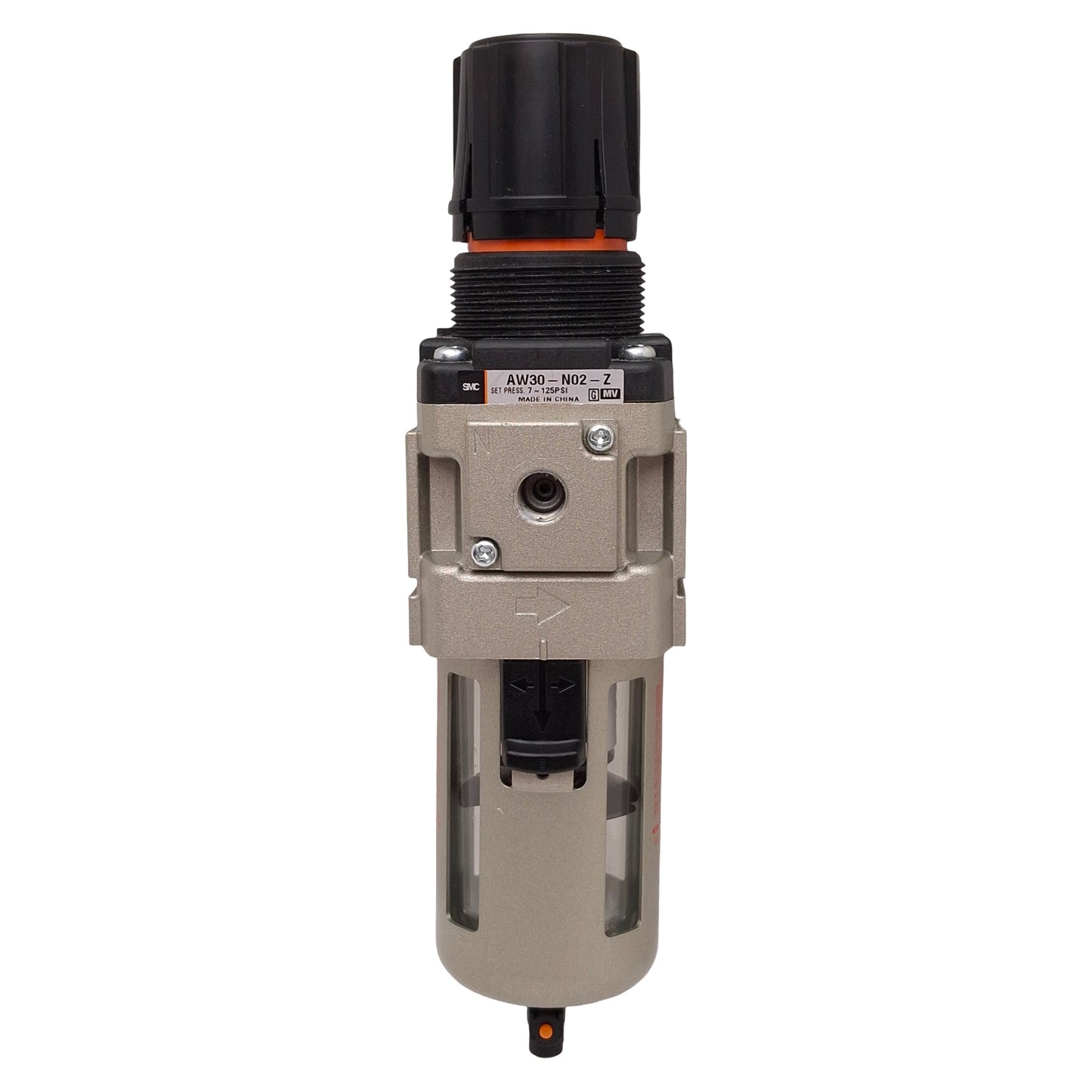 Used SMC AW30-N02-Z Filter Regulator, Set: 7-125psi, Proof: 150psi, 1/4 NPT Ports