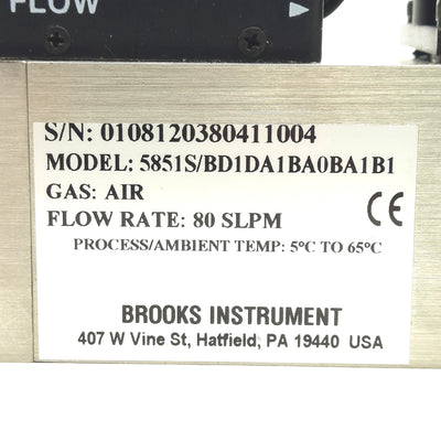 Used Brooks 5851S/BD1DA1BA0BA1B1 Smart Mass Flow Controller 80 SLPM, 4-20mA Analog
