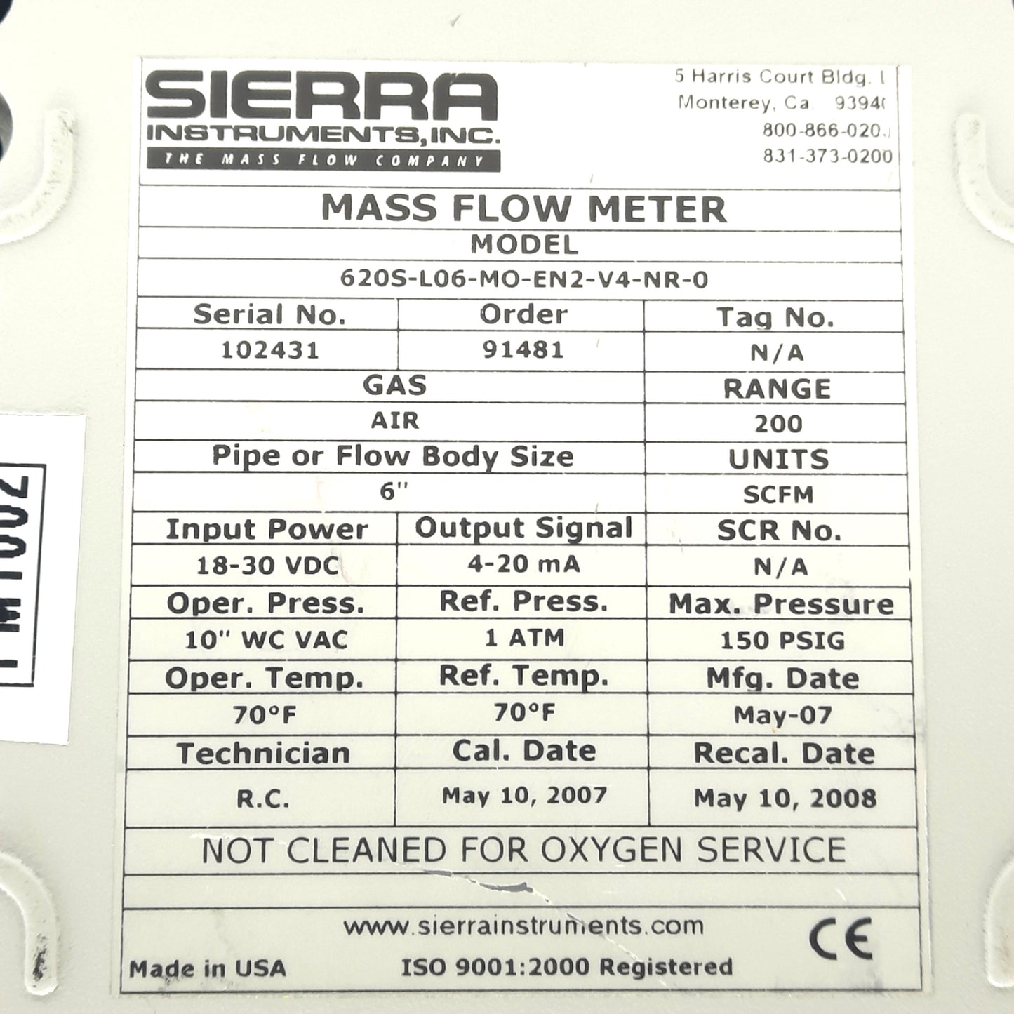 Used Sierra 620S-L06-MO-EN2-V4-NR-0 Mass Flow Meter, 18-30VDC In, 4-20mA Out, Air