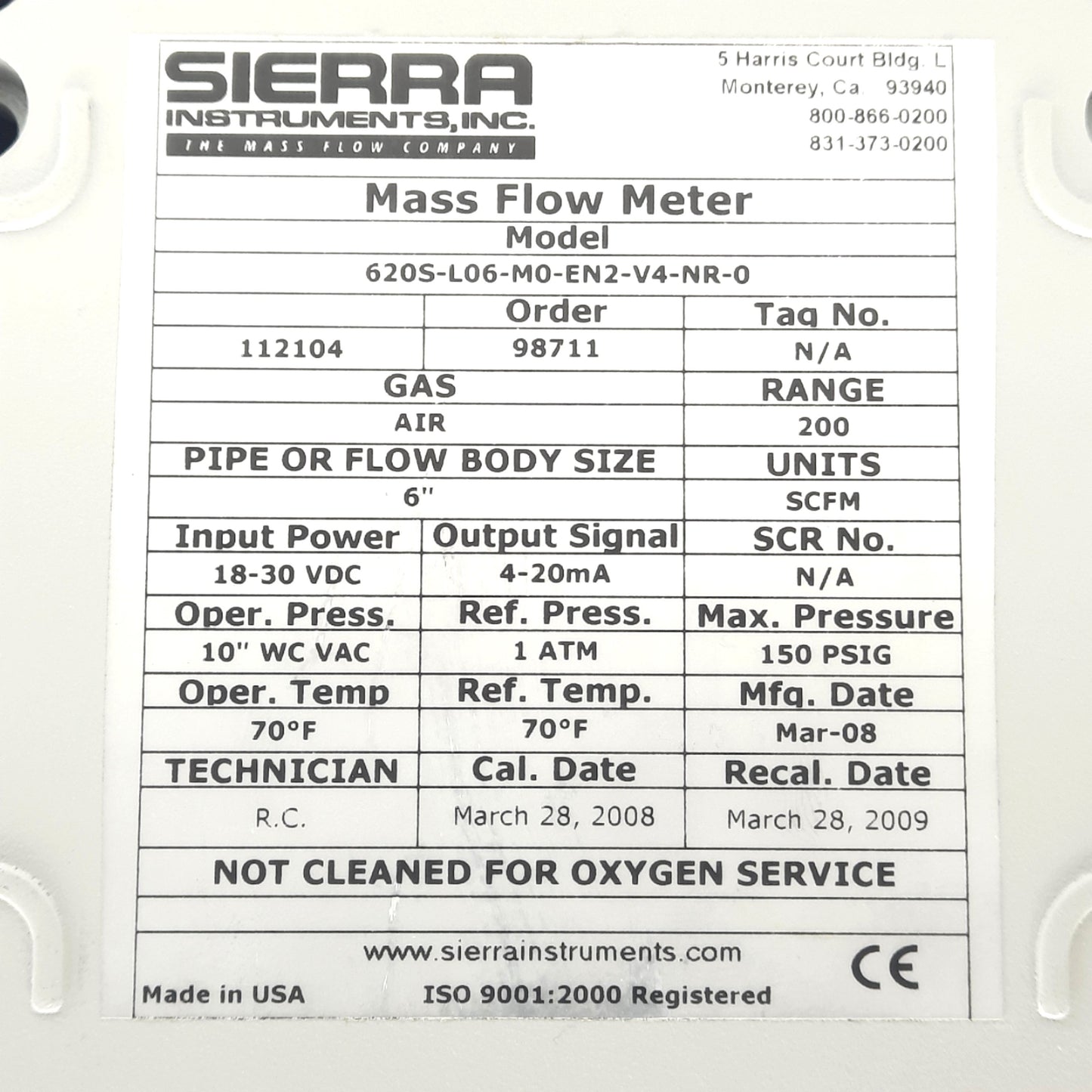 Used Sierra 620S-L06-MO-EN2-V4-NR-0 Mass Flow Meter 18-30VDC In, 4-20mA Out, Air