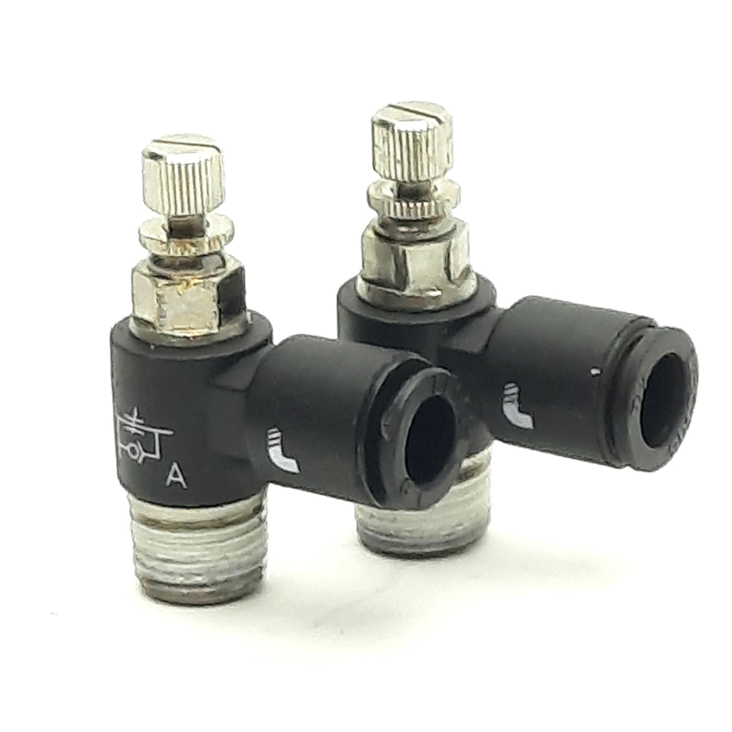Used Lot of 2 Parker Legris 76650610 Compact Flow Control Valve, R1/8", Ø1/4" Port