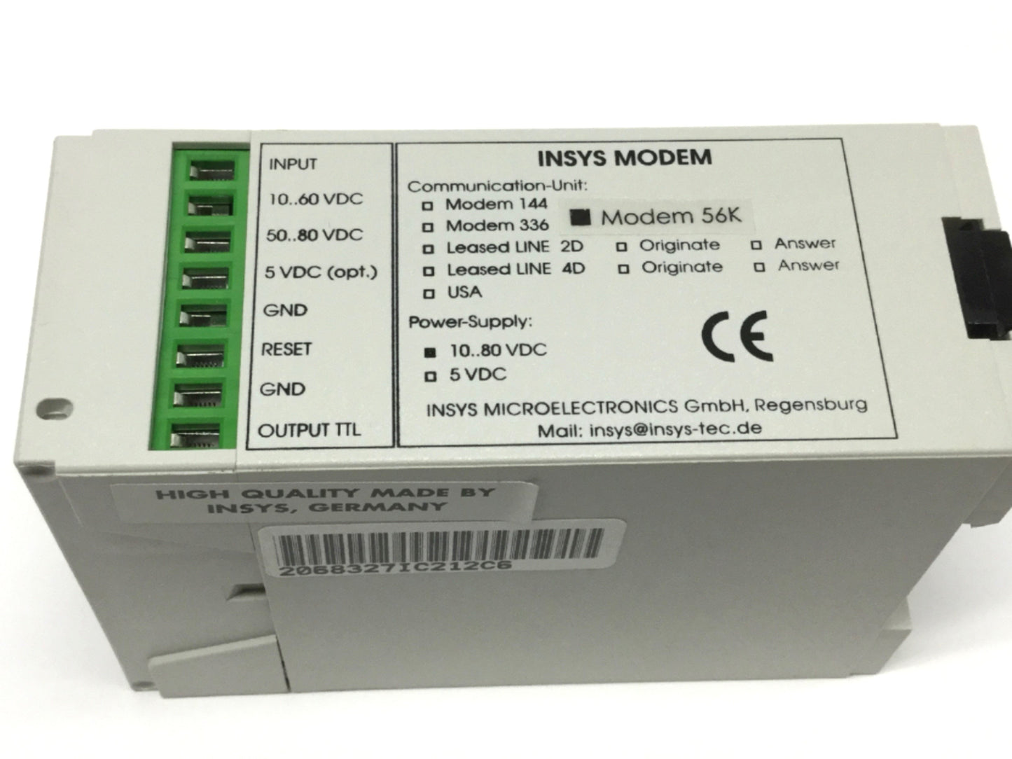 Used Insys Industrial DIN Rail Mount 56K Modem 9-Pin RS-232, RJ45, 10-80VDC