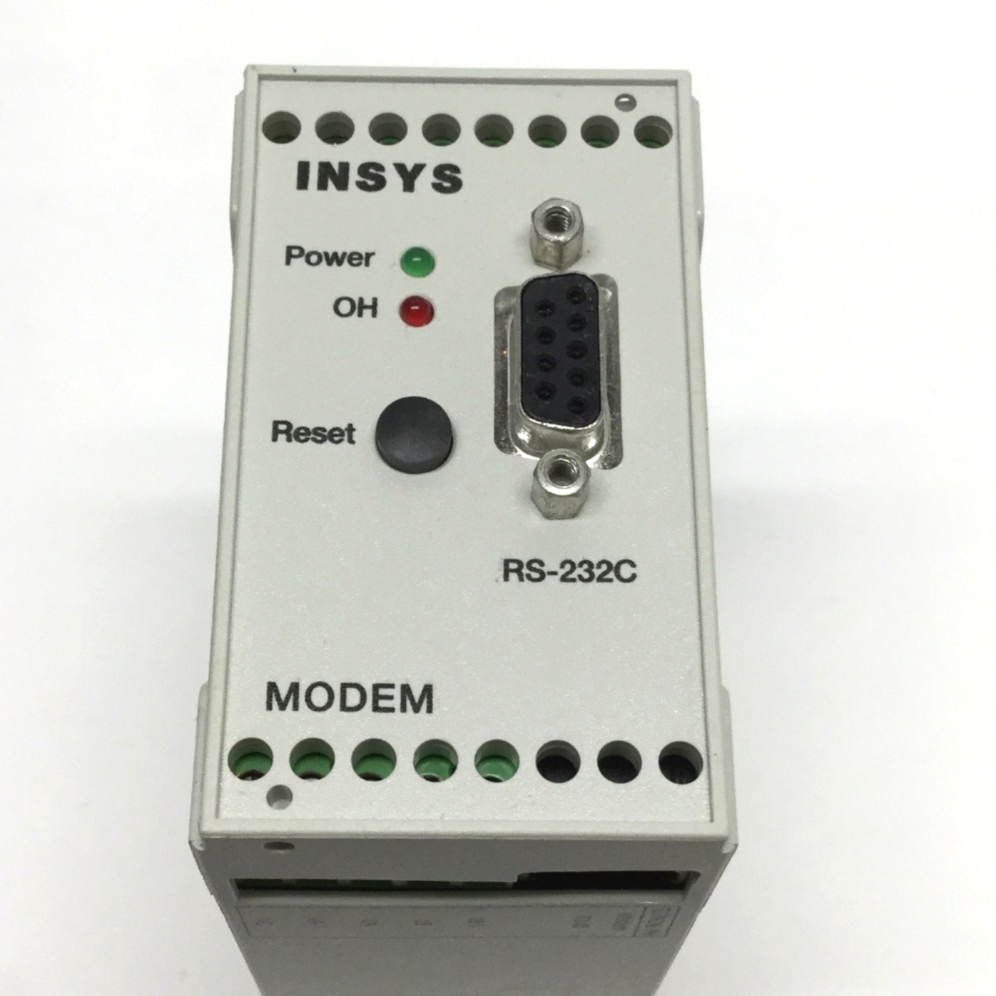 Used Insys Industrial DIN Rail Mount 56K Modem 9-Pin RS-232, RJ45, 10-80VDC