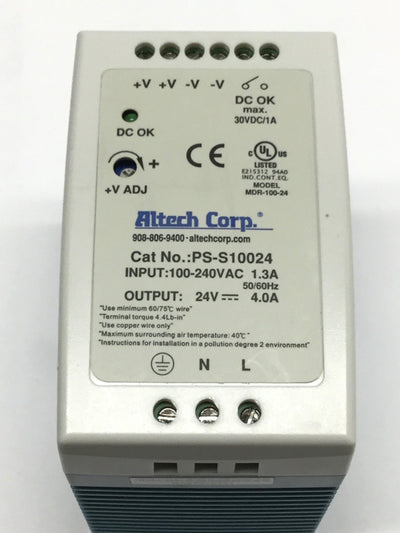 Used Altech PS-S10024 Industrial DIN Rail Power Supply 100-240VAC In, 24VDC 4A Out