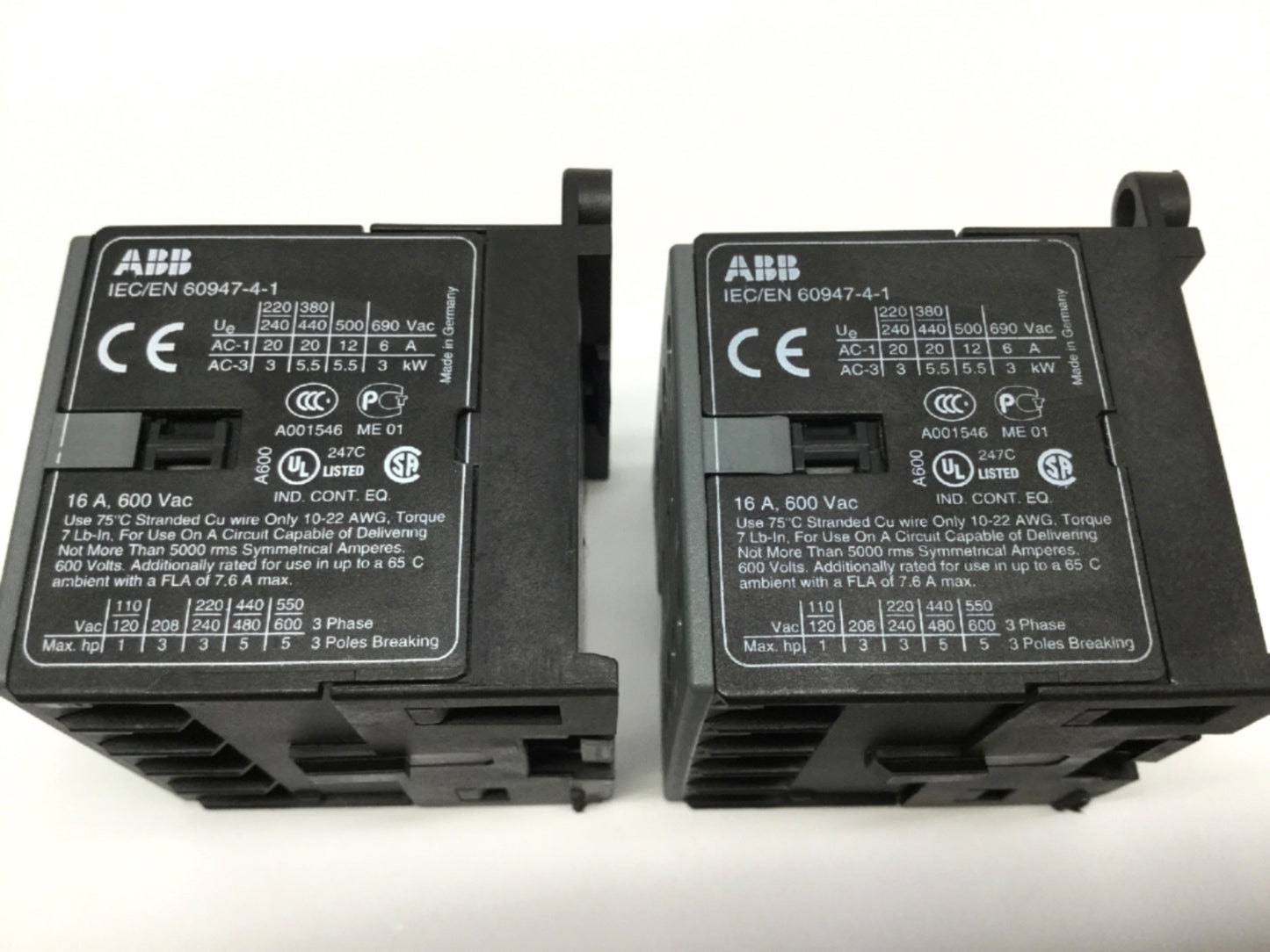 Used Lot of 2 ABB B7S-30-01-2.8 Contactors, 3-Pole + 1NC, 600VAC 16A, 17-32VDC Coil