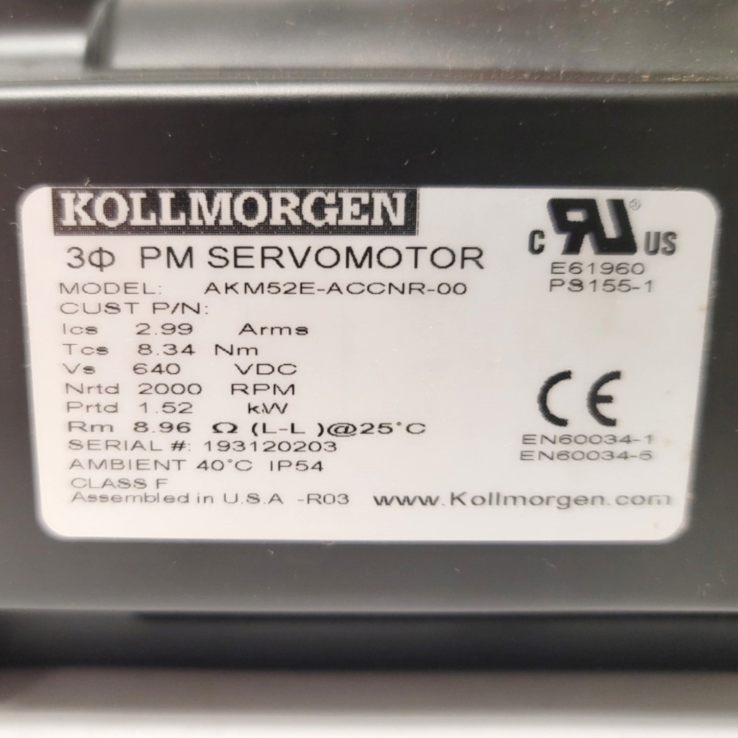 New Kollmorgen AKM52E-ACCNR-00 AKM Servo Motor 640VDC, 1.52kW, 2000RPM, IEC 108mm