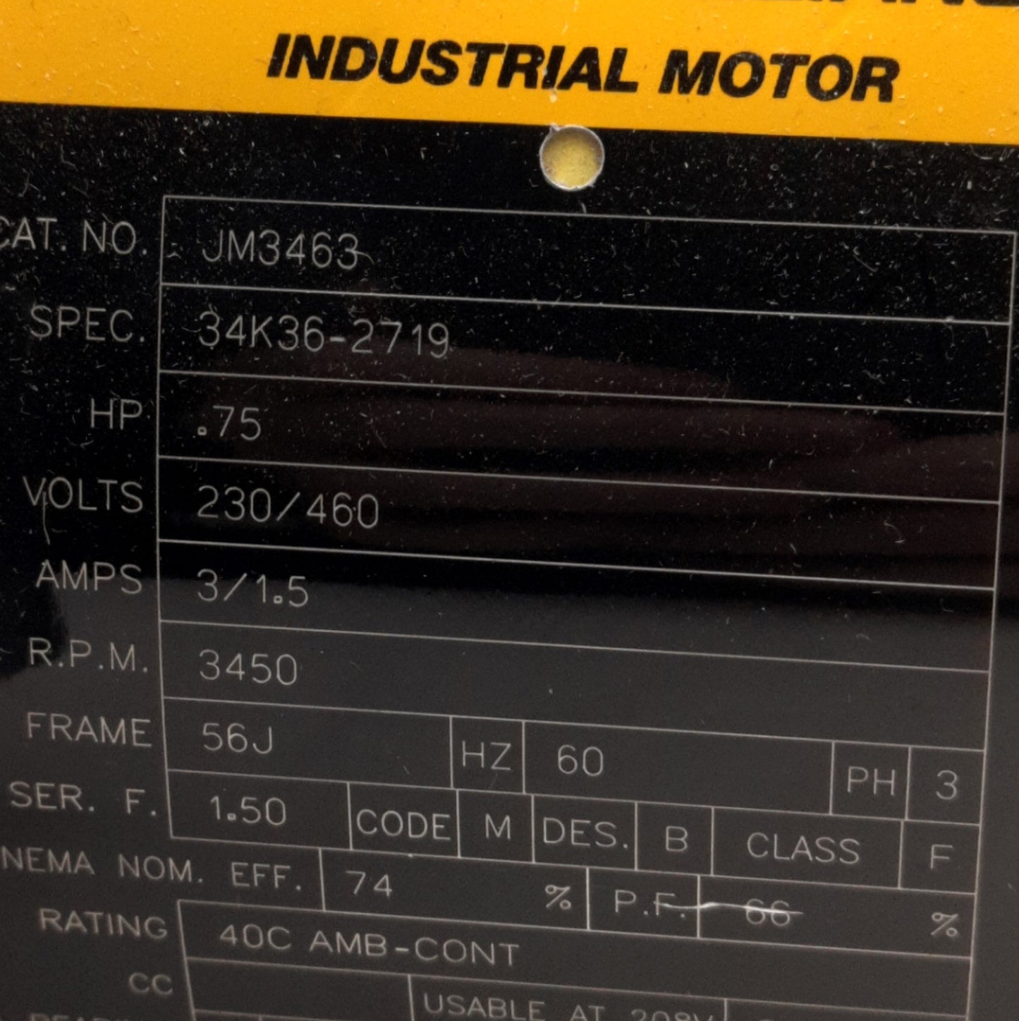 Used Baldor JM3463 34K36-2719 Pump Motor, Frame: 56J, 230/460VAC 3-Ph, 3600RPM, 3/4HP