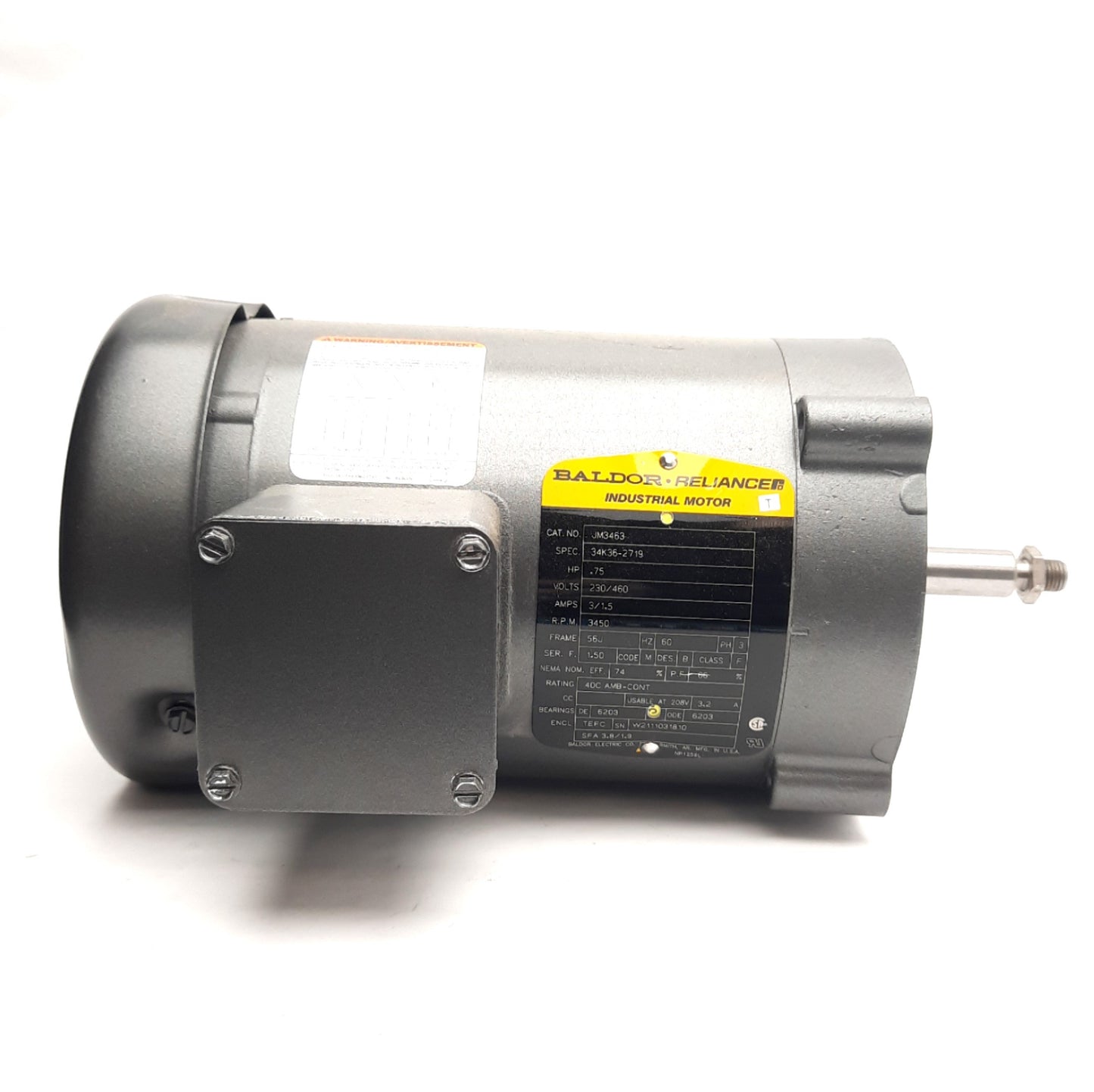 Used Baldor JM3463 34K36-2719 Pump Motor, Frame: 56J, 230/460VAC 3-Ph, 3600RPM, 3/4HP