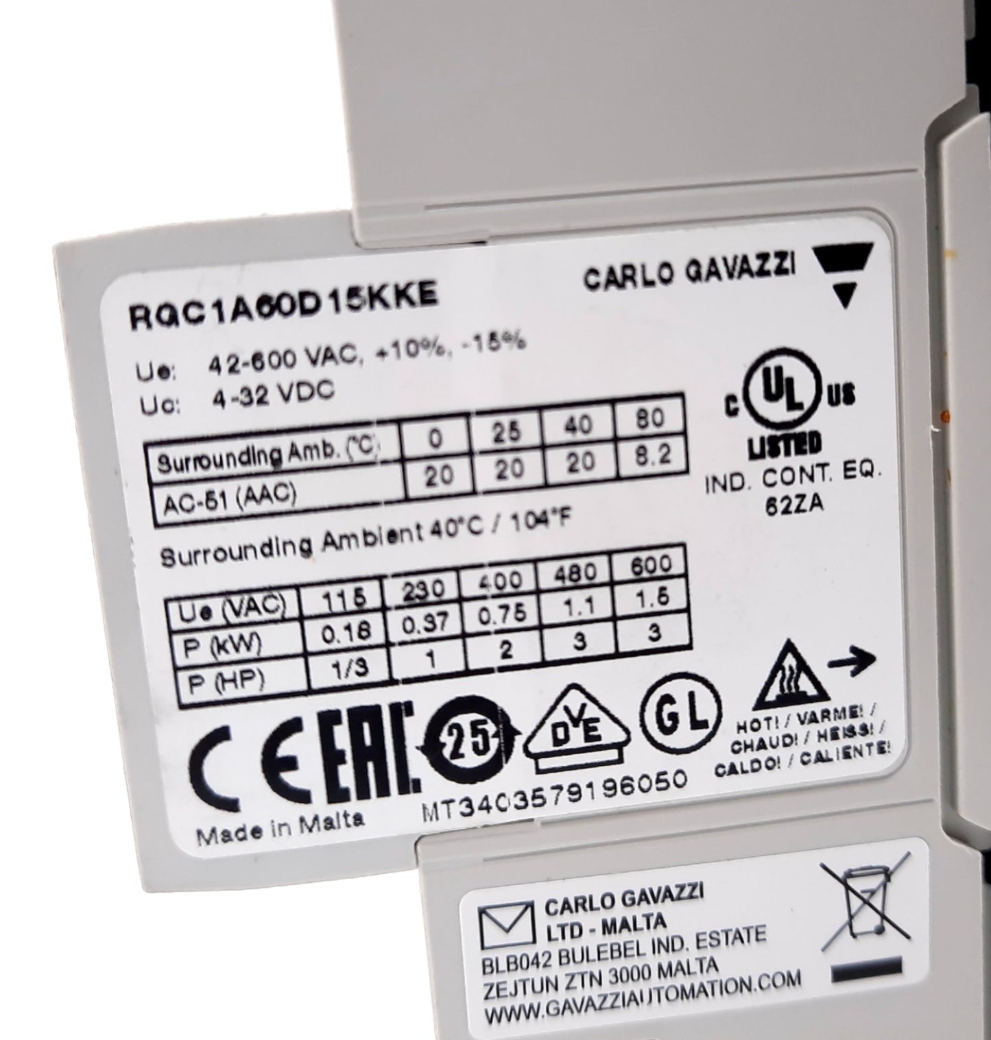 New – Open box Carlo Gavazzi RGC1A60D15KKE Solid State Contactors 42-600VAC, 3-32VDC, 150mA