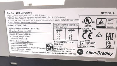 New – Open box Allen Bradley 25B-D2P3N104 PowerFlex 525 Variable Frequency Drive 480VAC 3PH 1HP