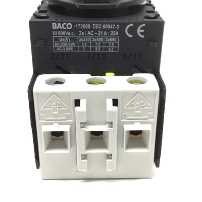 Used BACO 172000 ON-OFF Motor Disconnect Switch, 3-Pole 90° Throw, 600VAC 25A