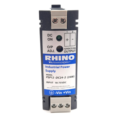 Used Rhino PSP12-DC24-2 Industrial Power Supply Converter, 18-75VDC In, 12VDC 2A Out