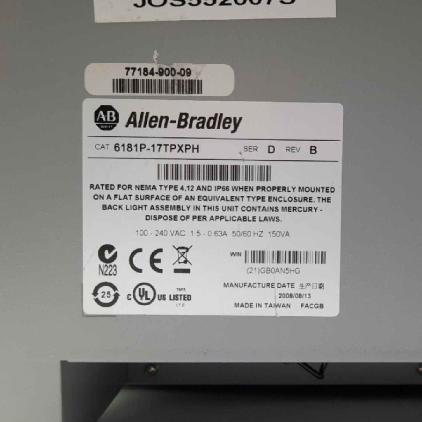 Used Allen Bradley 6181P-17TPXPH Touch Panel PC 17" Intel P4 2GHz 100-240VAC *No HDD*