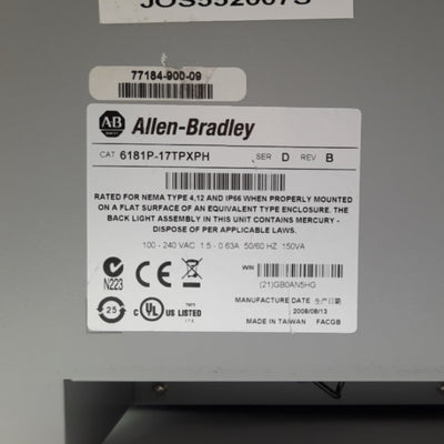 Used Allen Bradley 6181P-17TPXPH Touch Panel PC 17" Intel P4 2GHz 100-240VAC *No HDD*