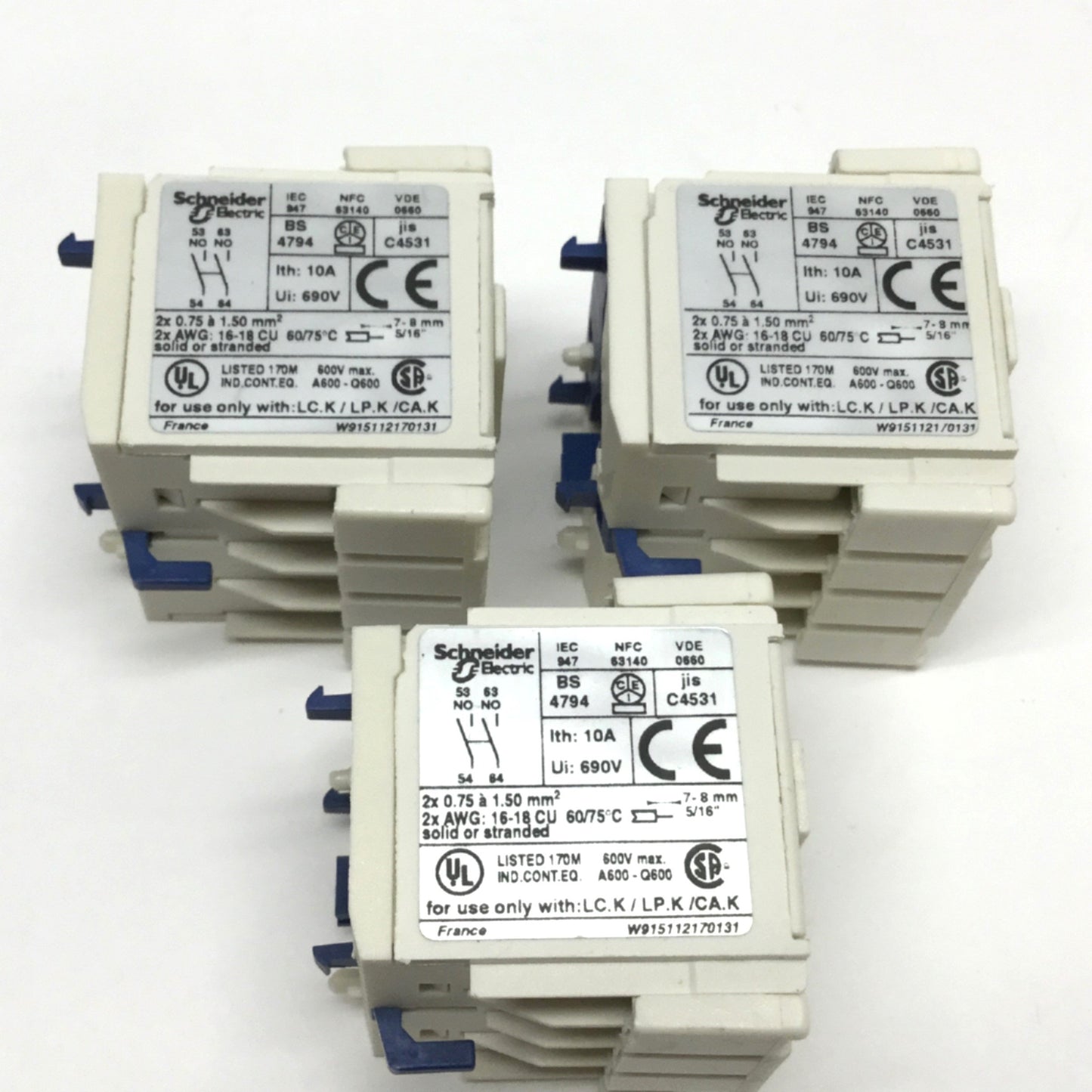 Used Lot of 3 Schneider LA1KN203 Auxiliary Contact Blocks 2x Normally Open 10A 600VAC
