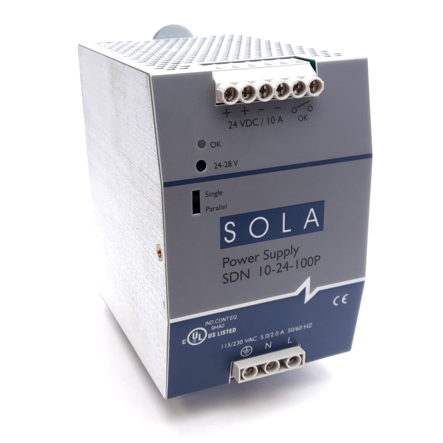Used Sola SDN 10-24-100P DIN Rail Power Supply 115/230VAC In, 24VDC 10A Out 240W
