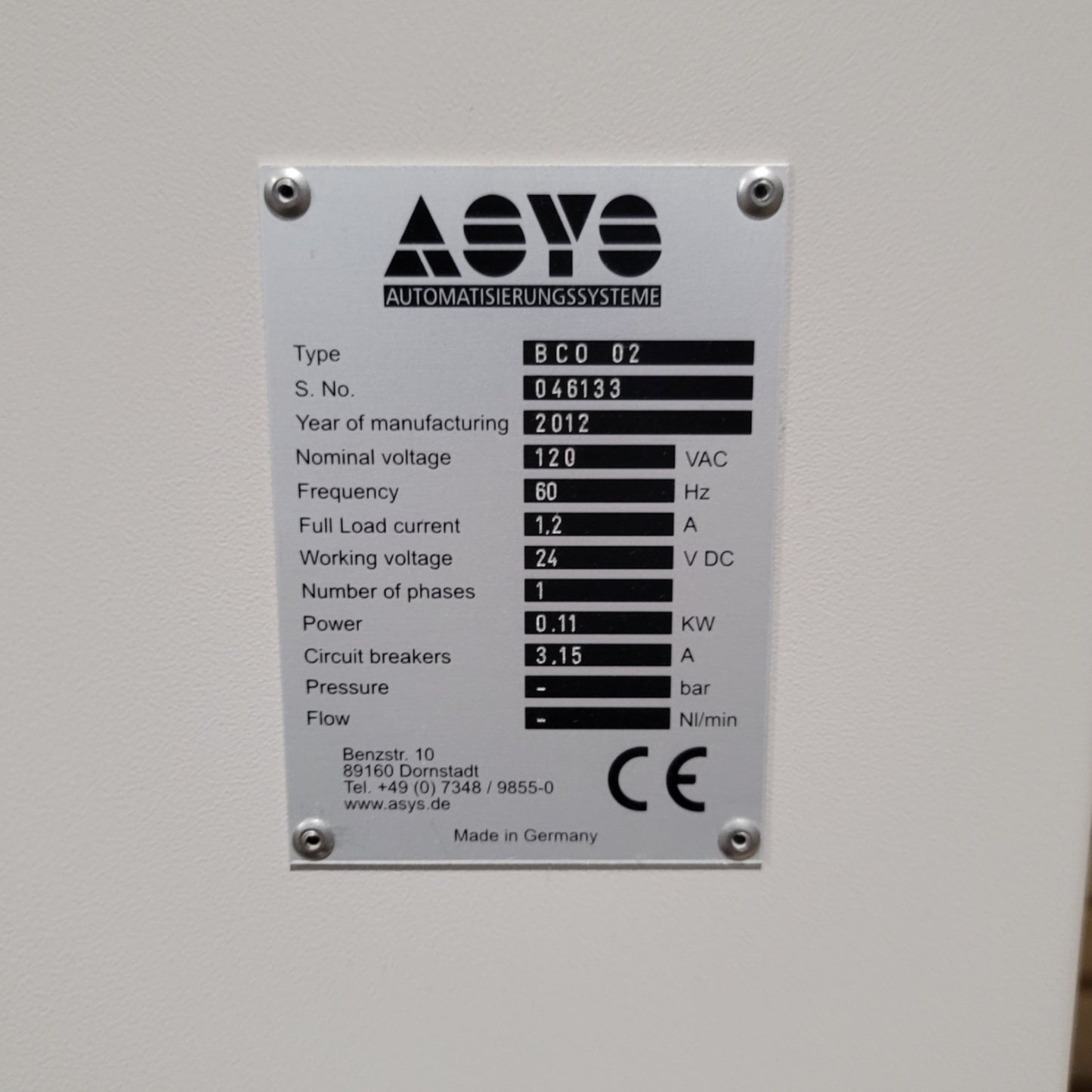 Used ASYS BCO 02 Edge Belt Conveyor System 1060mm Long, 460mm Max Width, 120VAC 1.2A