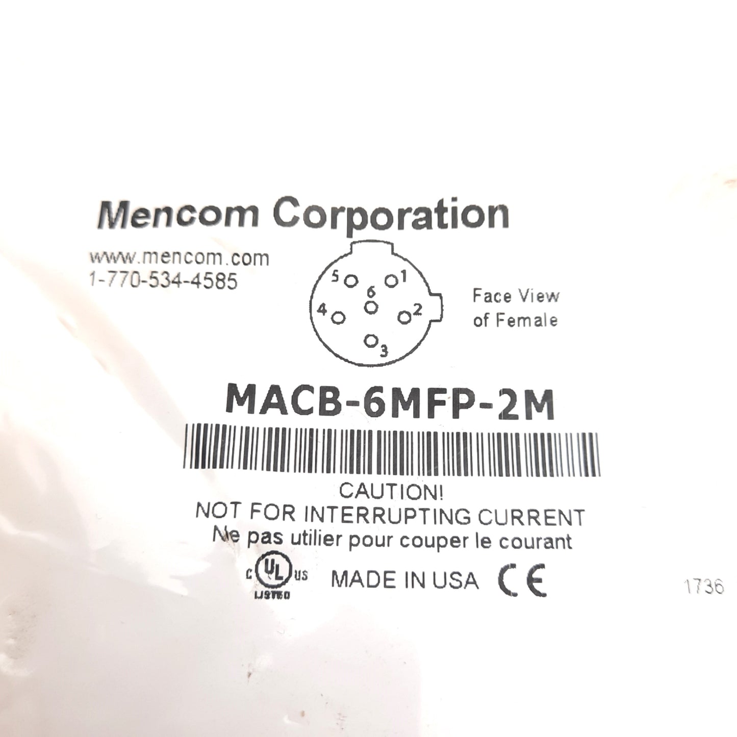Used Mencom MACB-6MFP-2M Cordset, Micro-AC 6-Pin Male to Female, 300V 4A, 2M