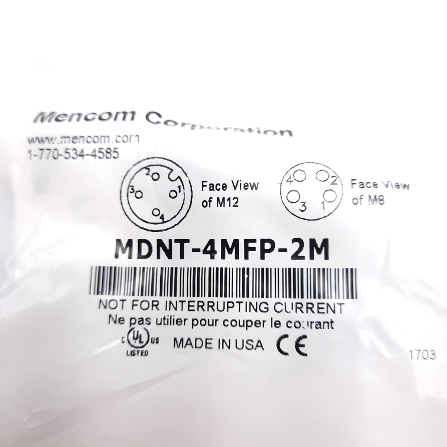 New Lot of 2 Mencom MDNT-4MFP-2M Cordset M12 4-Pin Male Straight to M8 Female 60V 3A
