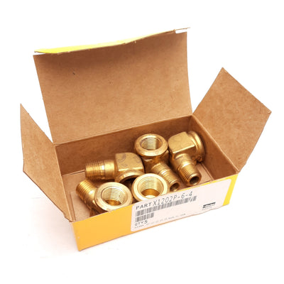New Lot of 5 Parker 1202P-6-4 90 Deg Brass Elbow Fitting, 3/8in FIP to 1/4in MIP