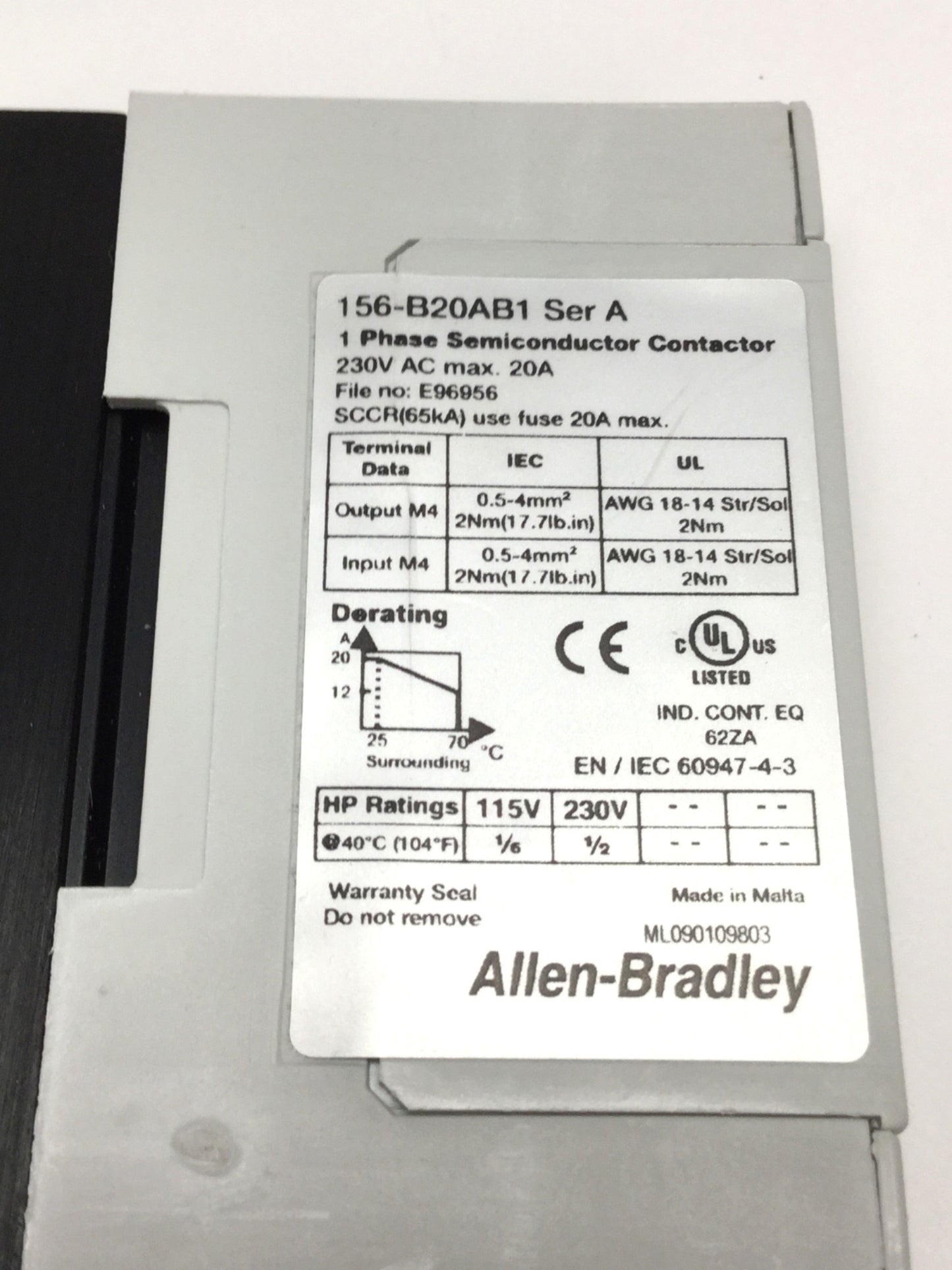 Used Allen Bradley 156-B20AB1 Solid State Semiconductor Contactor 230VAC 20A, 4-32VDC