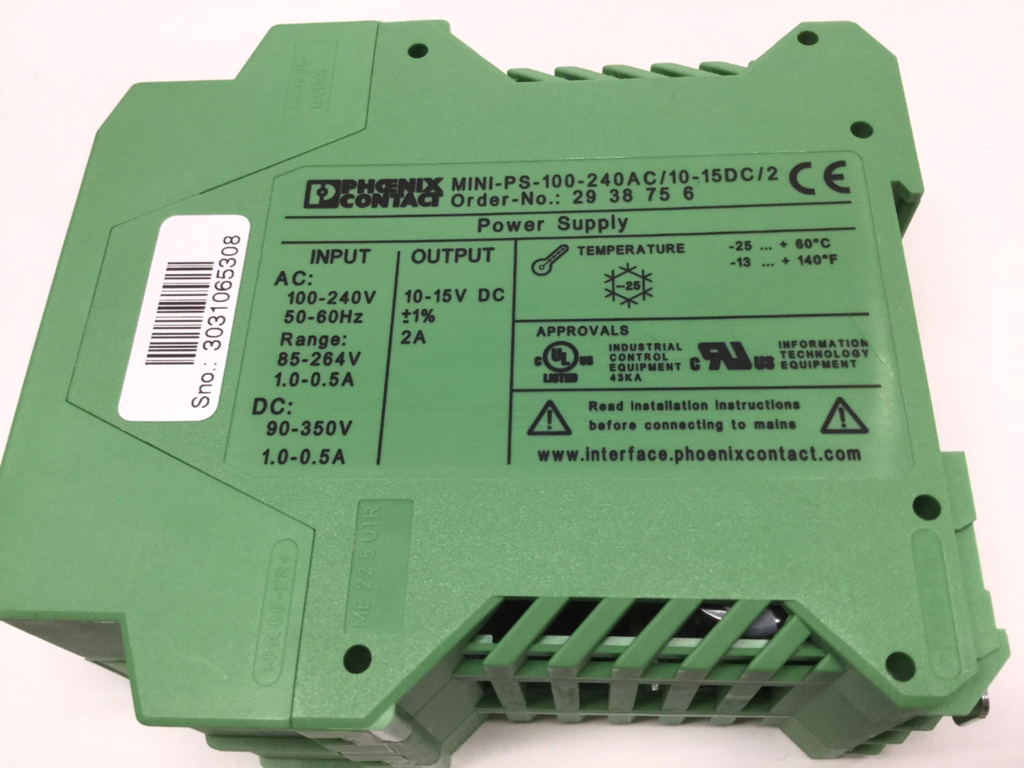 Used Phoenix Contact MINI-PS-100-240AC/10-15DC/2 DIN Mount Power Supply 10-15VDC, 2A