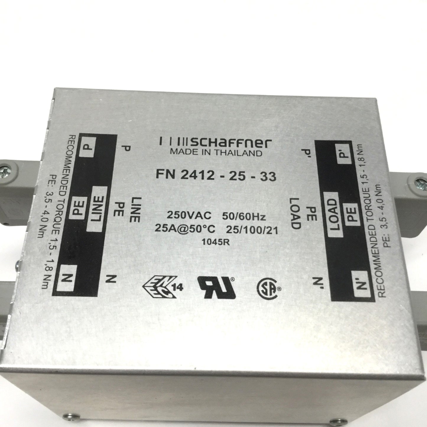 Used Schaffner FN2412-25-33 EMC/RFI Power Line Filter, 250VAC 25A, Single-Phase
