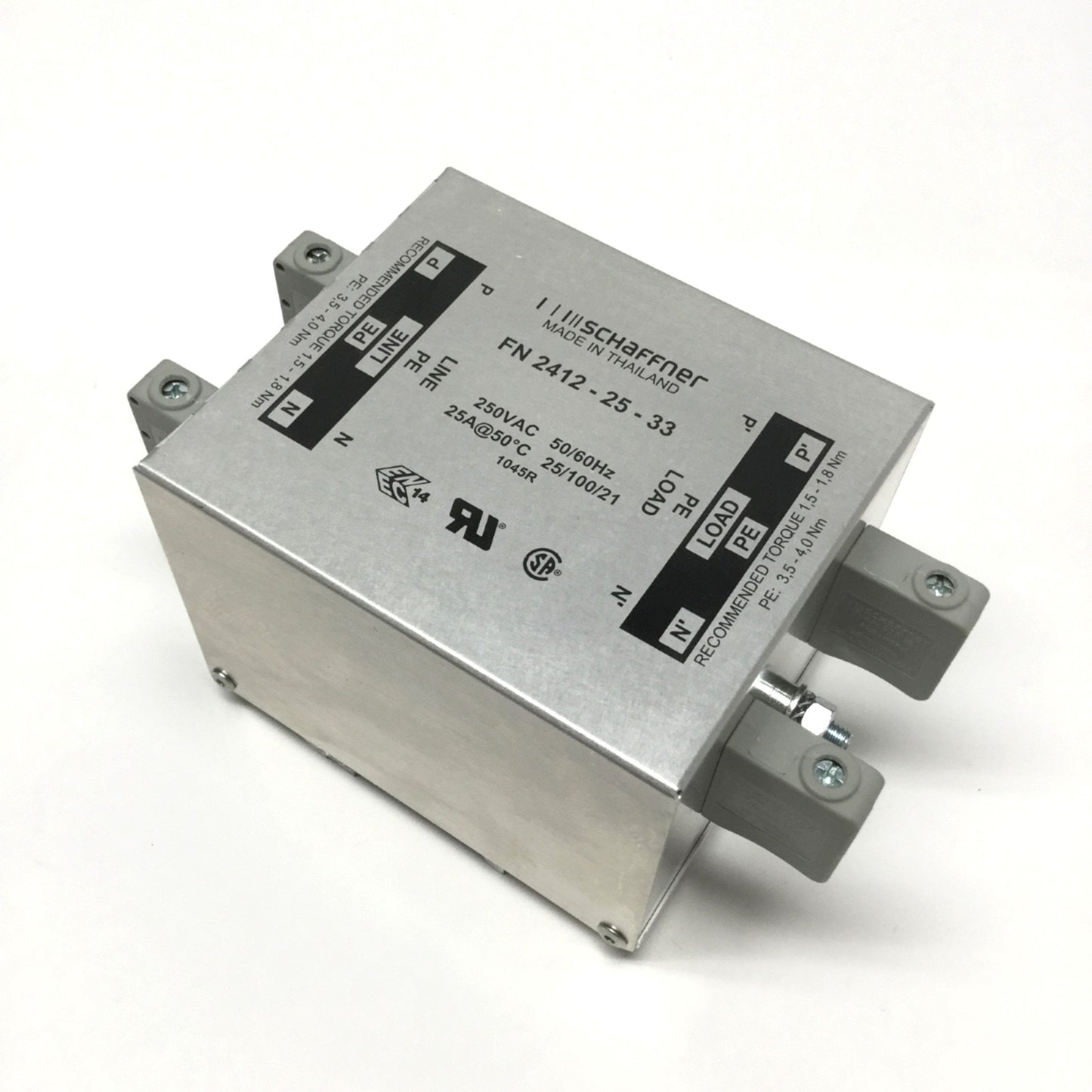 Used Schaffner FN2412-25-33 EMC/RFI Power Line Filter, 250VAC 25A, Single-Phase