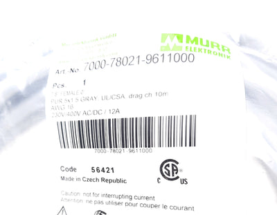 New Murr 7000-78021-9611000 Power Cable Female Straight 7/8" 5 Pole, 230-400VAC/VDC