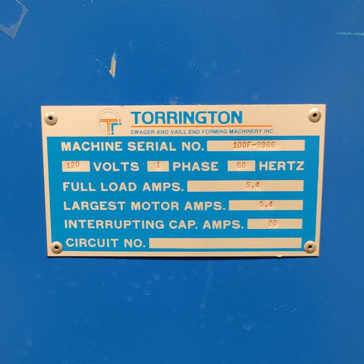 Used Torrington 100F-9966 Rotary Swaging Machine 1/16" Solid 1/4" Tube, 1/4HP, 120VAC