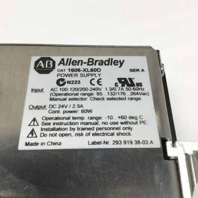 Used Allen Bradley 1606-XL60D DIN Power Supply, 100-120/200-240VAC In, 24VDC 2.5A Out