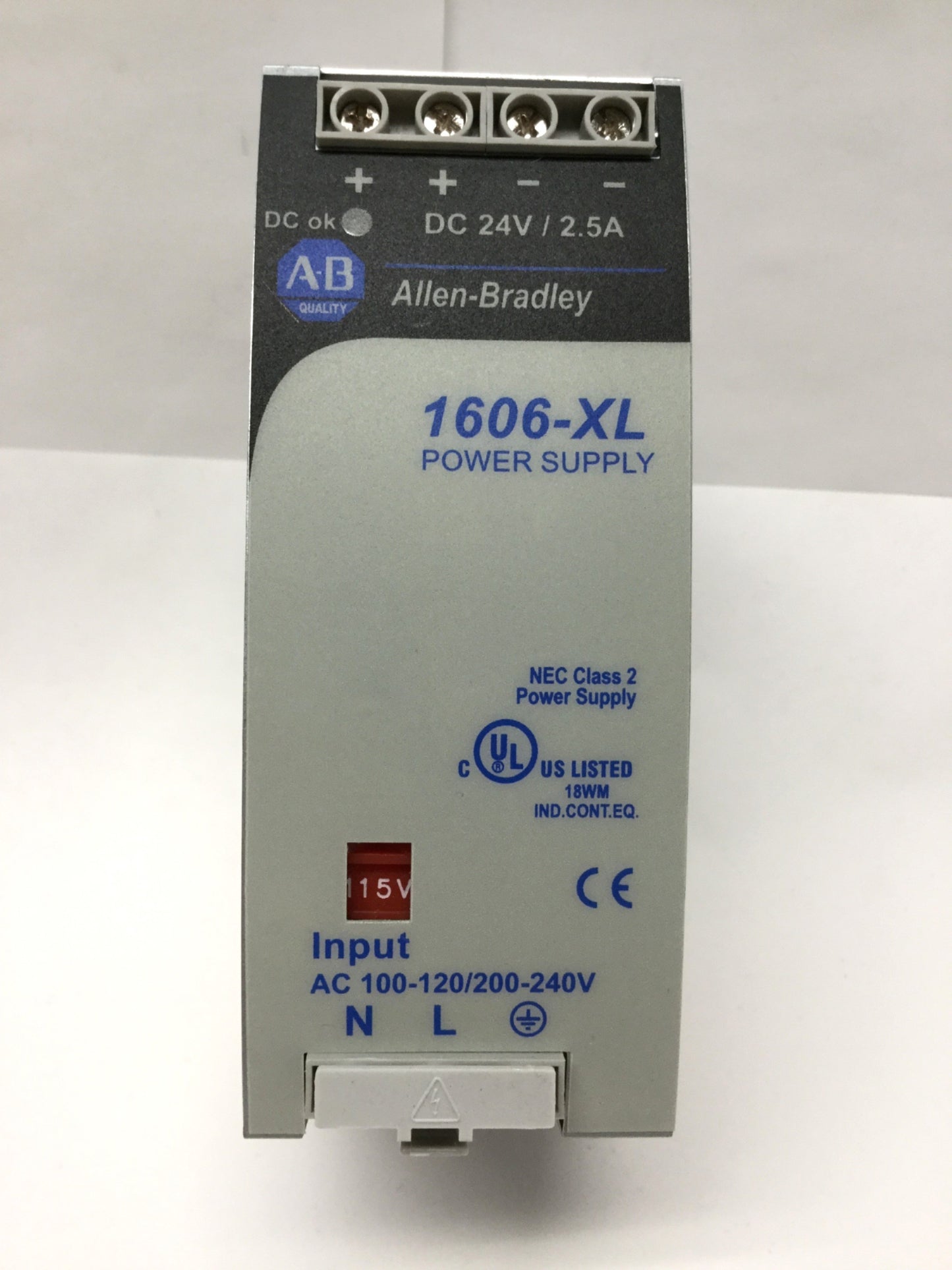 Used Allen Bradley 1606-XL60D DIN Power Supply, 100-120/200-240VAC In, 24VDC 2.5A Out