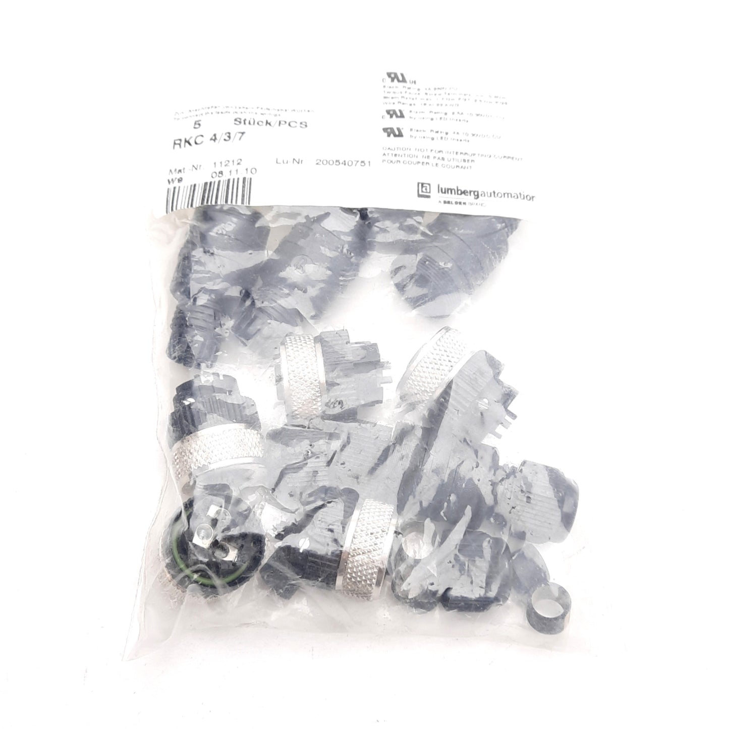 New Lot of 5 Lumberg RKC 4/3/7 Circular Connectors, M12, Field Serviceable, 240V 4A