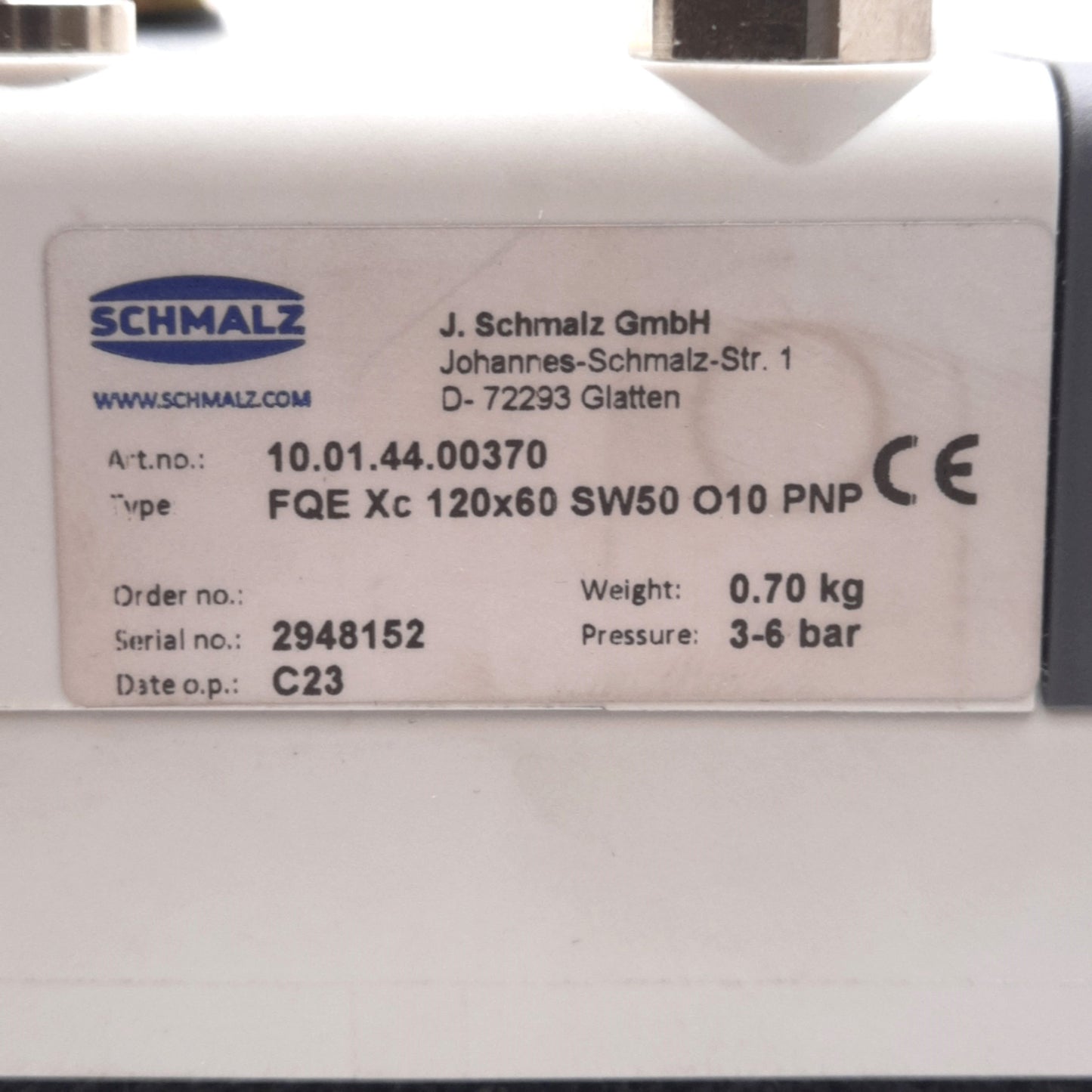 Used Schmalz 10.01.44.00370 Vacuum Gripper 120x60mm ø0.5mm Nozzle, PNP, N.O., 42l/min