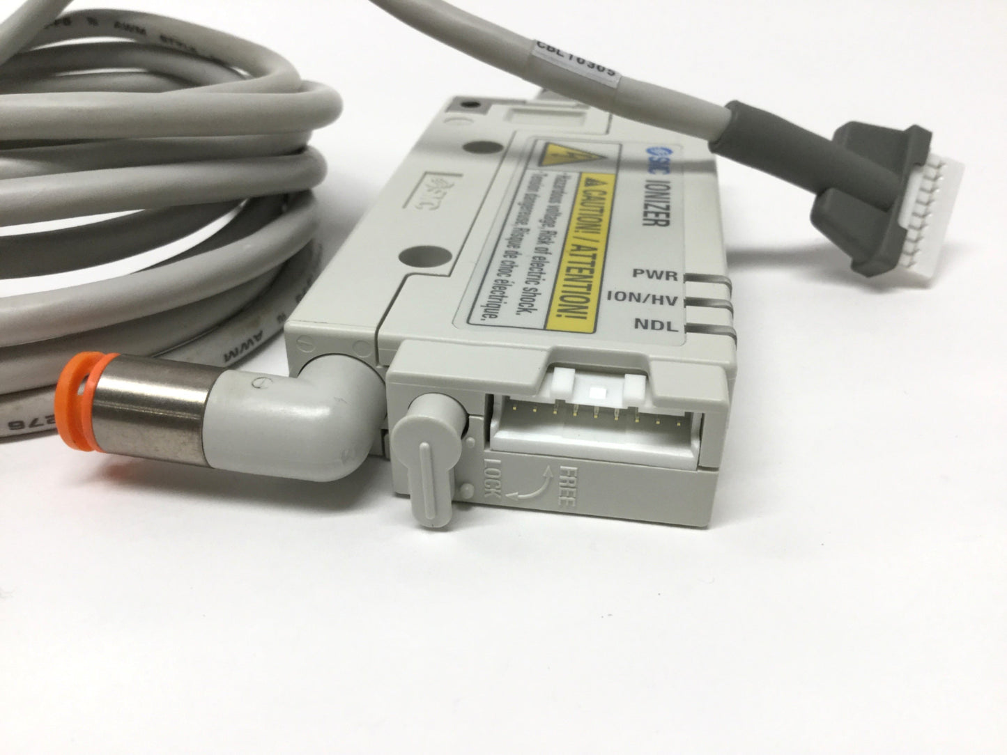 Used SMC IZN10E-11P17 Air Ionizer Body, 24VDC, PNP, 2.5kVAC w/Flat Diffusion Nozzle