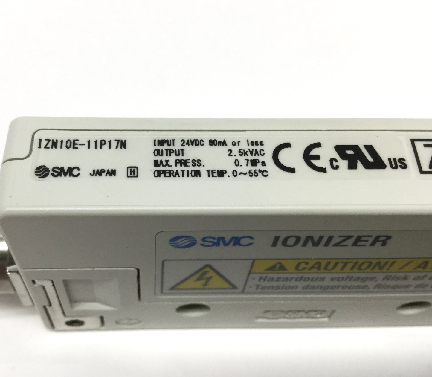 Used SMC IZN10E-11P17 Air Ionizer Body, 24VDC, PNP, 2.5kVAC w/Flat Diffusion Nozzle