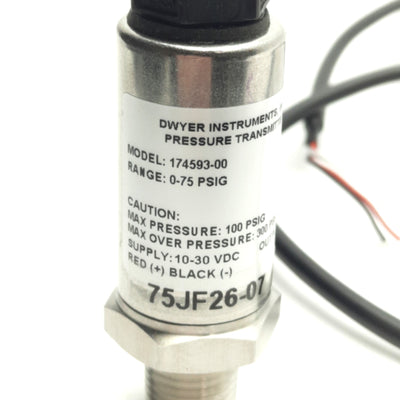 New – Open box Dwyer 174593-00 Pressure Transmitter 0-75Psig, 4-20mA Output, 1/4" NPT, 10-30VDC