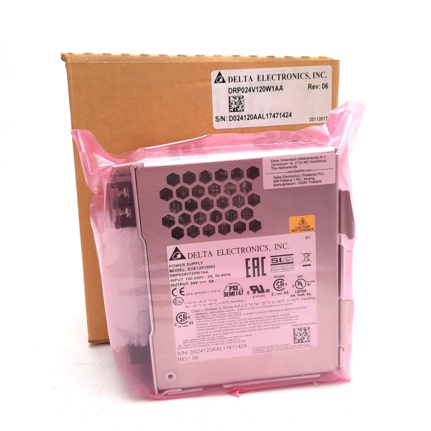 New Delta Electronics DRP024V120W1AA Power Supply, 100-240VAC In, 24VDC 5A Out, 120W