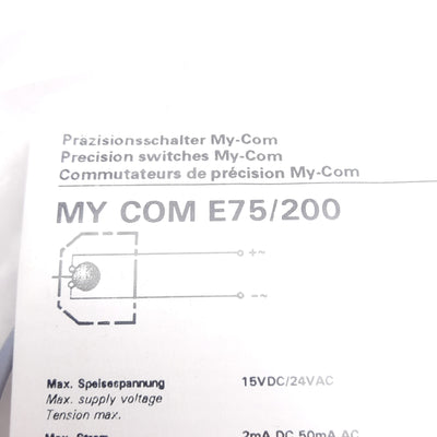 Baumer E75/200 My-Com Precision Switch, 0.75N, 15VDC 2mA/24VAC 50mA, NC, 2m