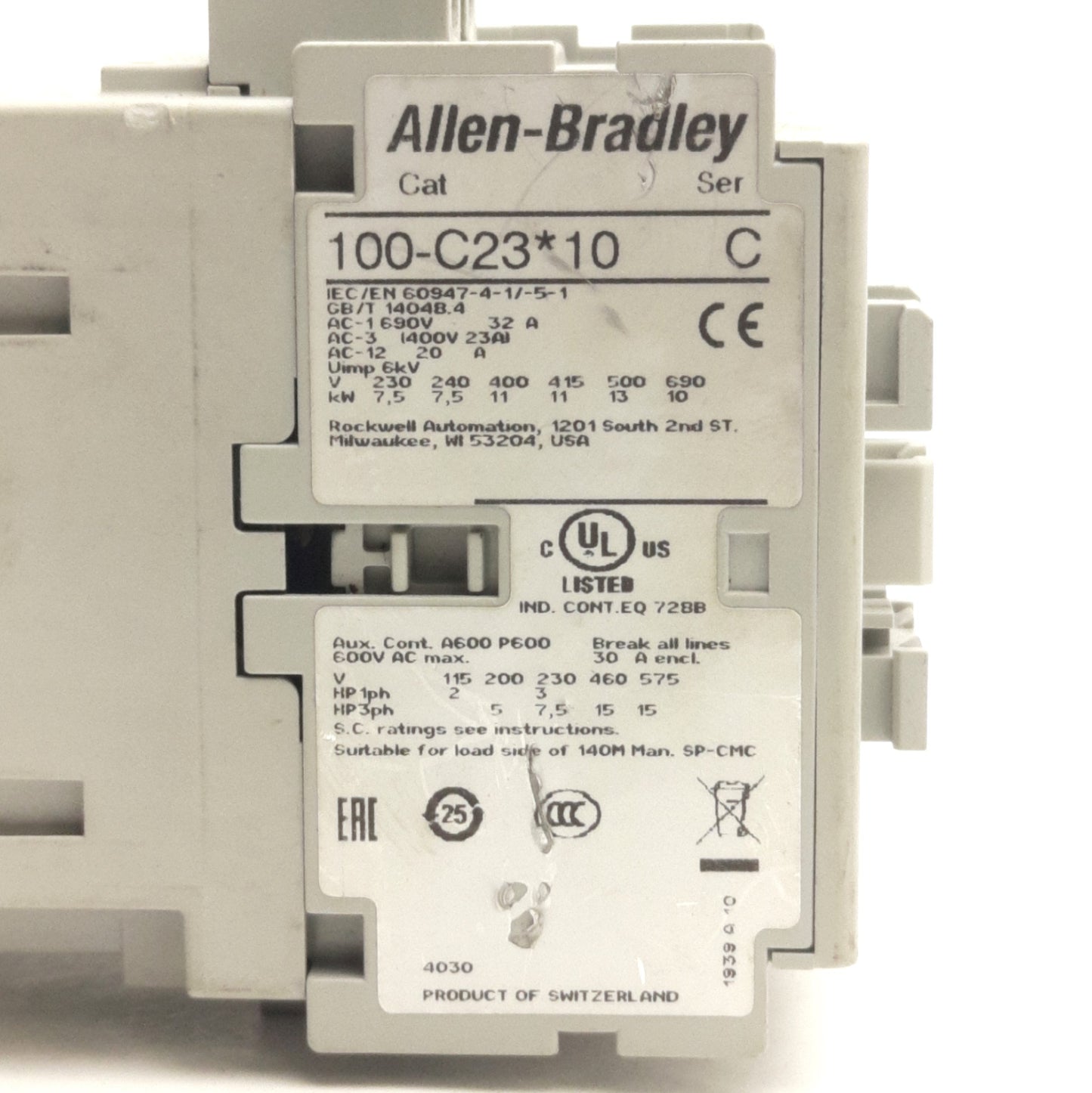 Used Allen Bradley 100-C23KJ10 IEC Contactor, 3-Ph & NO Aux, 600V 30A, 24VAC Coil