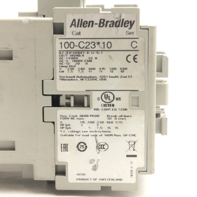 Used Allen Bradley 100-C23KJ10 IEC Contactor, 3-Ph & NO Aux, 600V 30A, 24VAC Coil