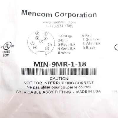 New Mencom MIN-9MR-1-18 Receptacle, 1-1/8in 9-Pin Male to Flying Leads, 300V 4A,1ft