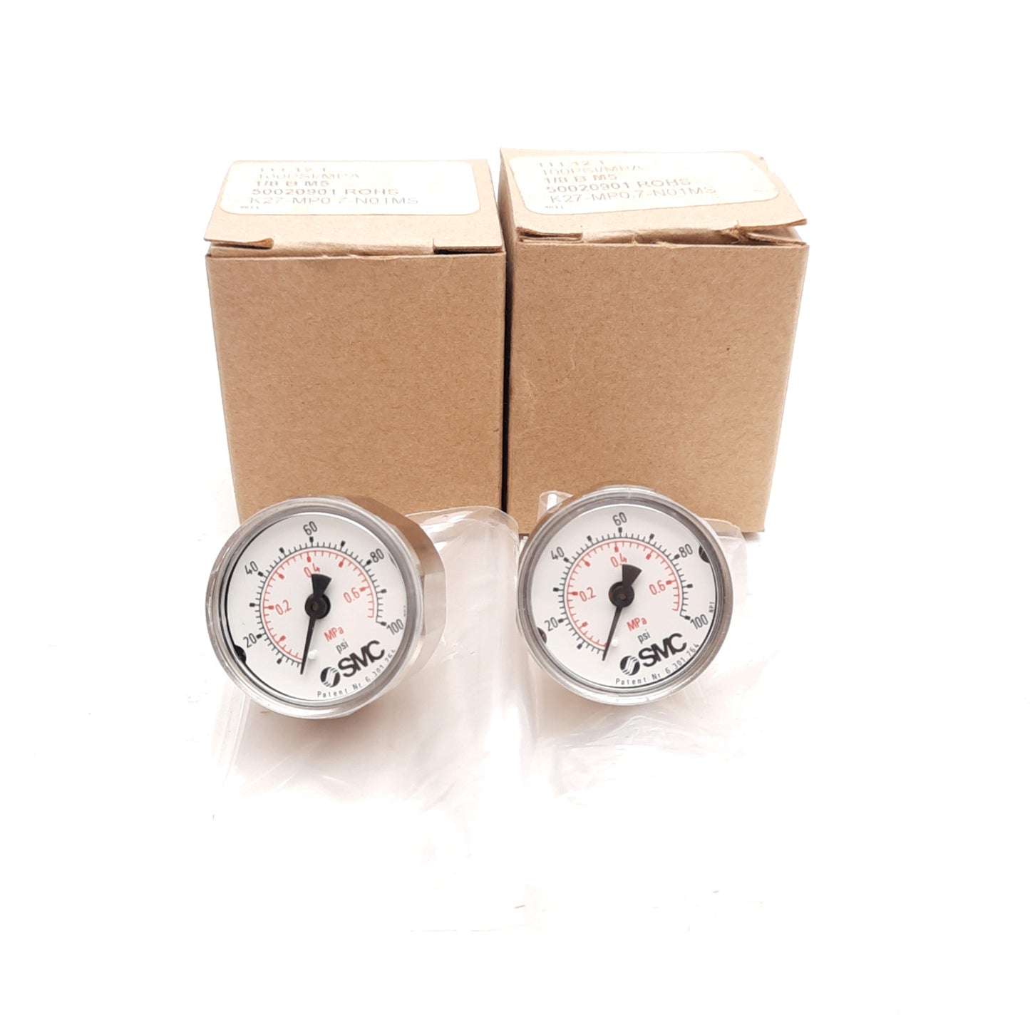 New Lot of 2 SMC K27-MP0.7-N01MS Pressure Gauge, 0-0.7MPa, 1/8in BSPT, M5x0.8