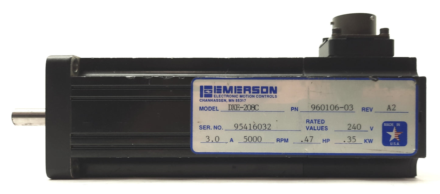 Used Emerson DXE-208C Rev.A2 AC Servo Motor, 0.47HP, 5000RPM, 240VAC, NEMA23 *Corner*