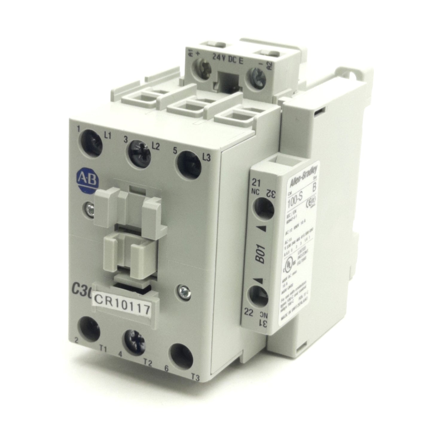 Used Allen Bradley 100-C30EJ01 Contactor w/ NC Aux, 3-P, 600V AC 55A, 24V DC Coil