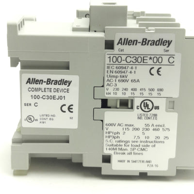 Used Allen Bradley 100-C30EJ01 Contactor w/ NC Aux, 3-P, 600V AC 55A, 24V DC Coil